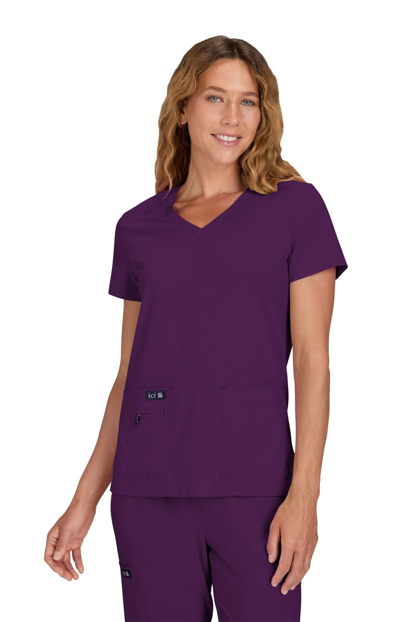 KOI Basics Becca Women's 4-Pocket Stretch Scrub Top Eggplant Small - Image 1